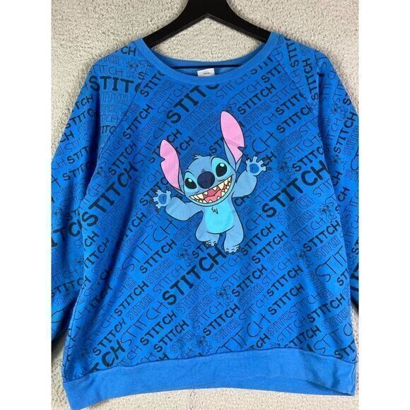 Stitch Sweatshirt Disney Size XL Juniors Junior Lilo Allover Print Graphic Blue - Picture 5 of 9